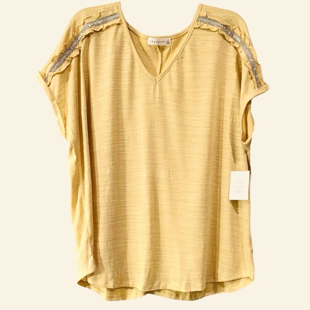 NWT Retrology 2X Sunbeam Yellow Slub Top Ruffle Rhinestone Shoulder Blouse